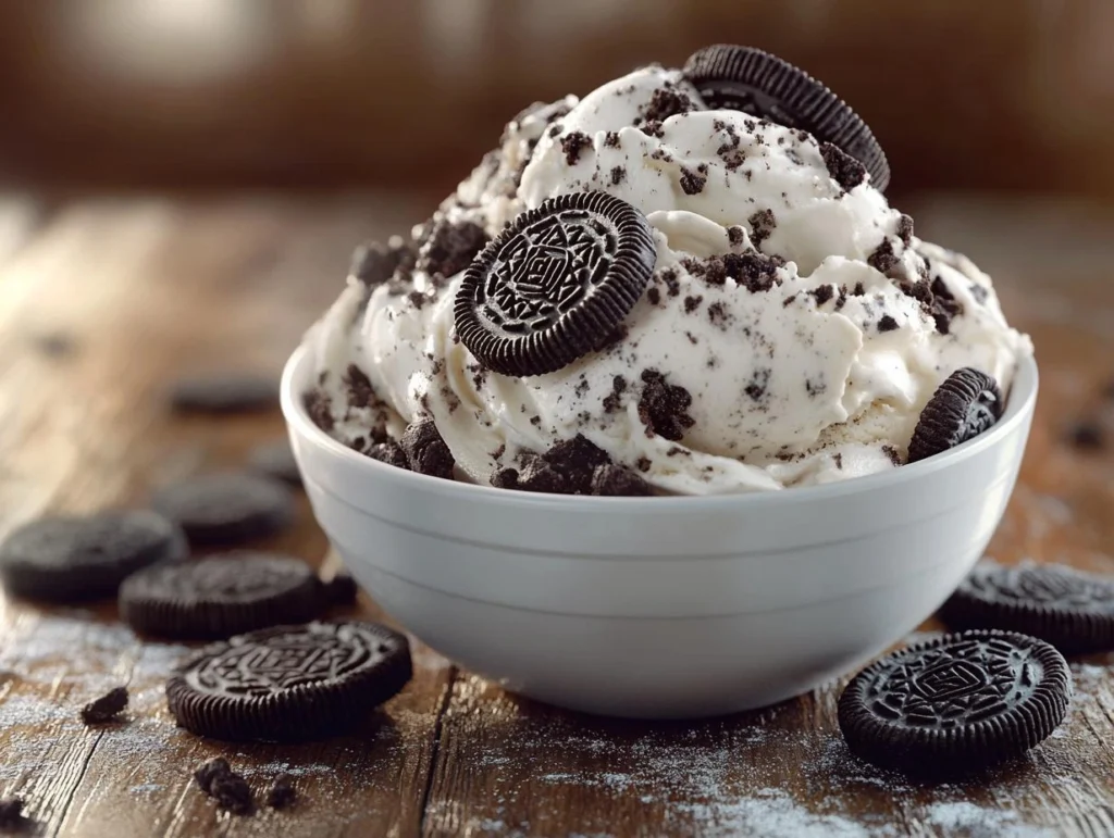 A bowl of Oreo ice cream with a spoon and crushed Oreos