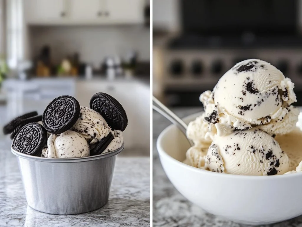 Oreo ice cream cake with whipped cream and cookie pieces.