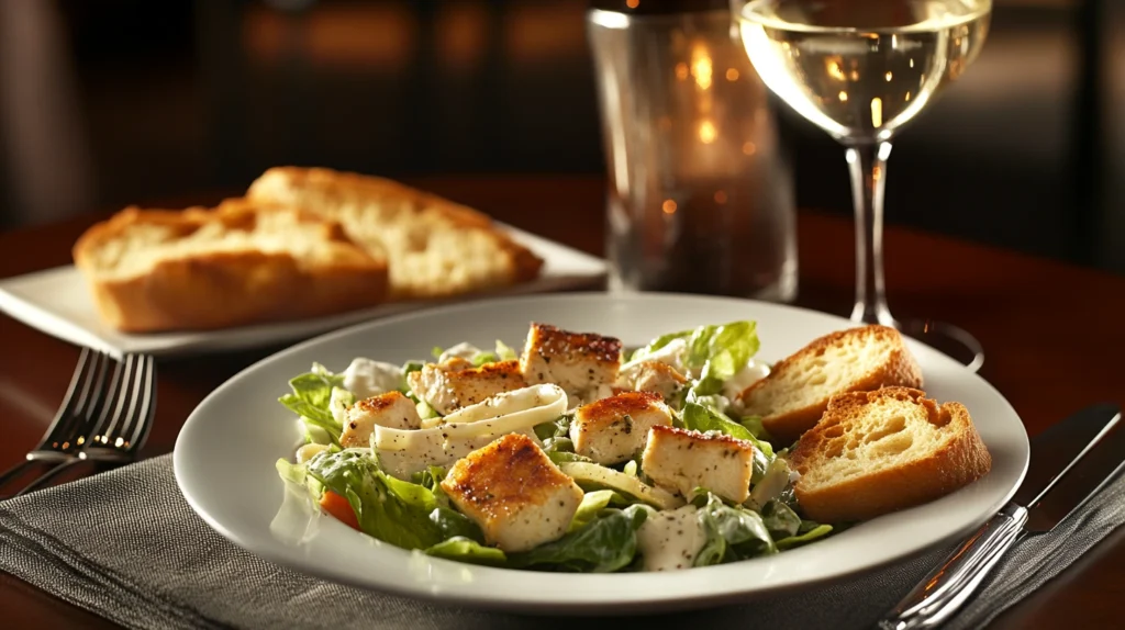 Chicken Caesar Salad served with garlic bread and white wine