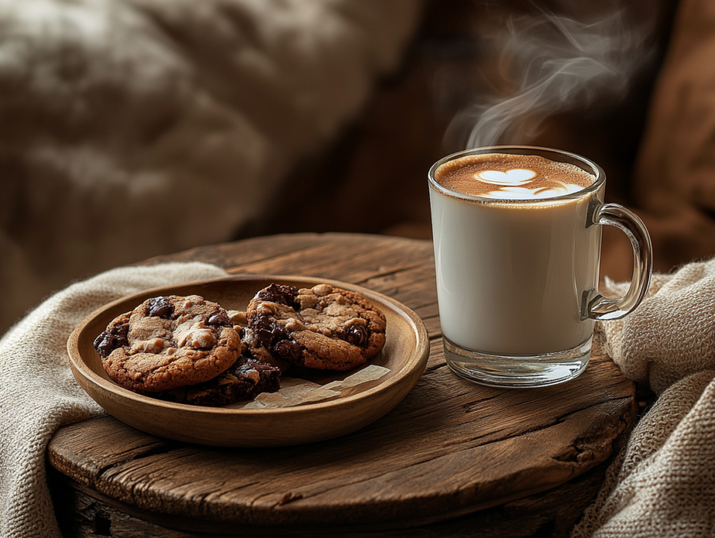 A plate of brownie cookies served with a glass of milk and a cup of coffee.