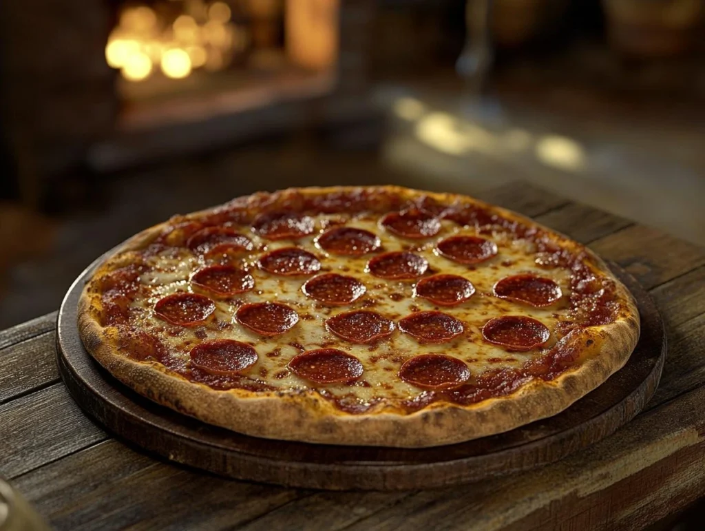 A delicious pepperoni pizza fresh out of the oven, with crispy pepperoni slices and melted cheese.