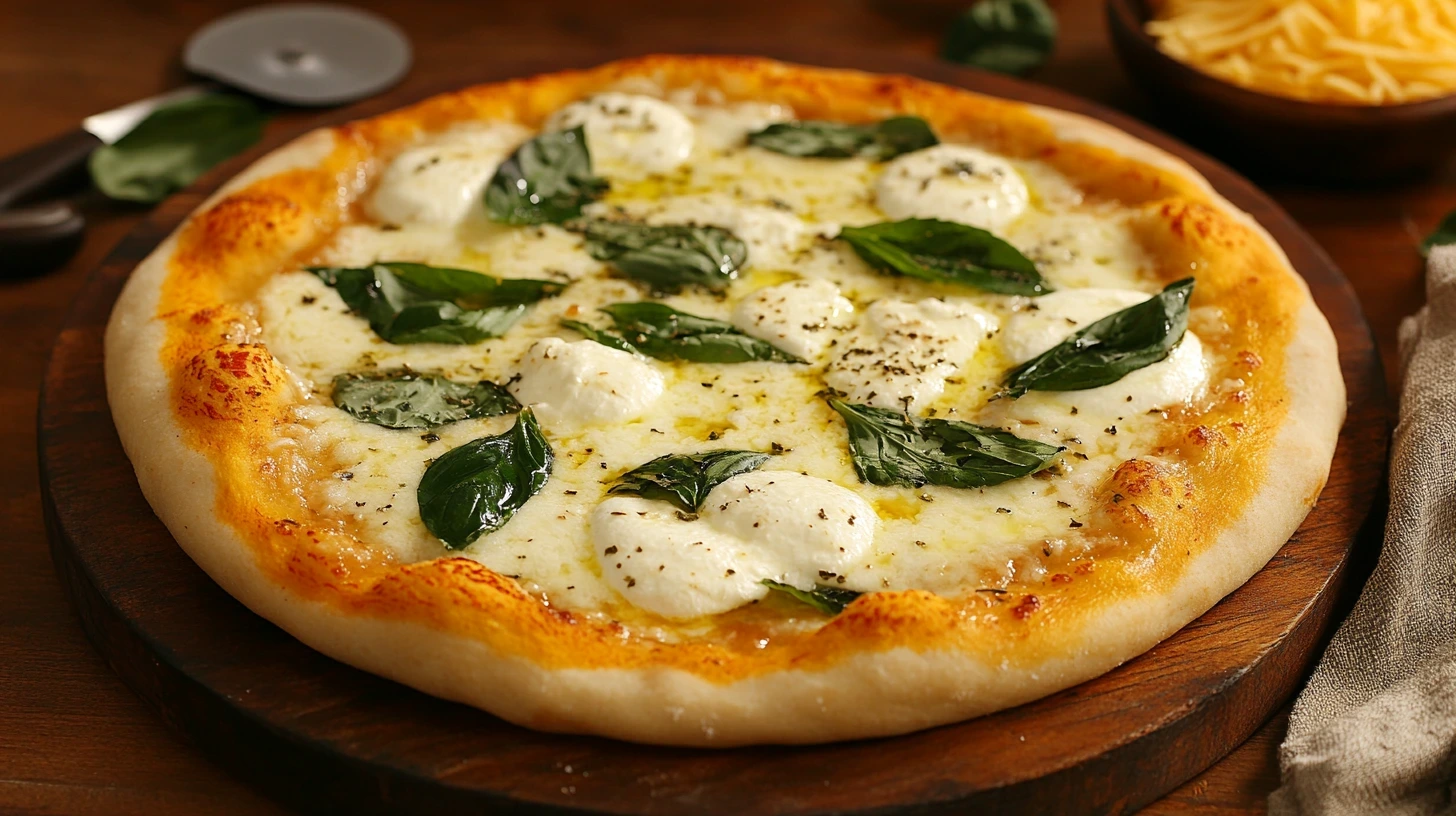 Freshly baked white pizza with mozzarella, spinach, and basil on a rustic board.