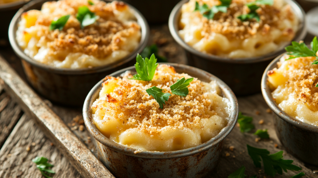 A platter of golden, bubbling Tini Mac and Cheese portions served in muffin tins.