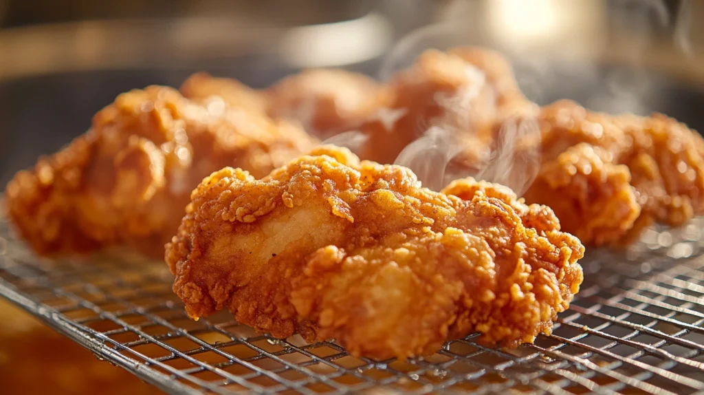 Golden crispy fried chicken draining on a wire rack