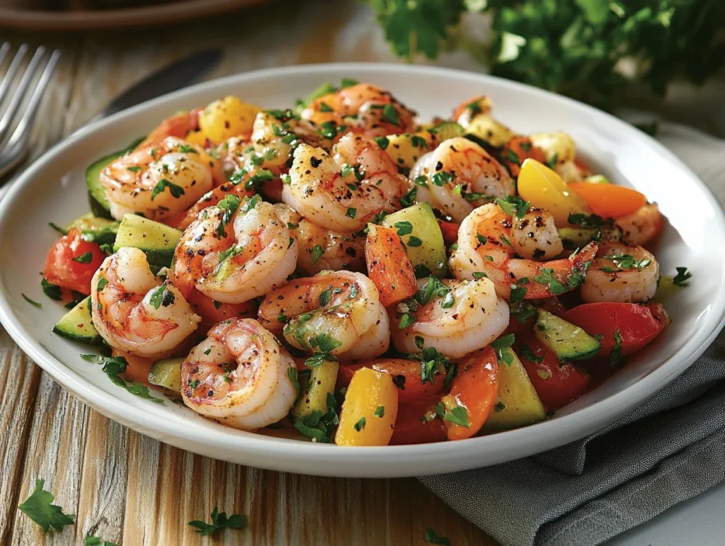 A beautifully plated shrimp salad on a white dish with a drizzle of dressing and garnished with fresh herbs.