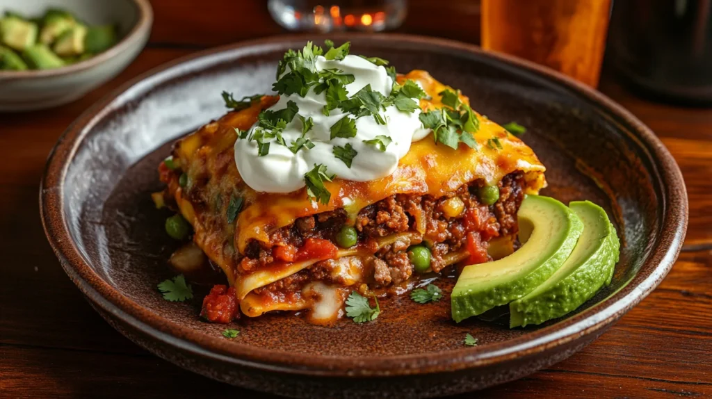 A plated slice of Mexican lasagna with garnishes