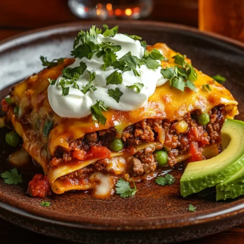 A plated slice of Mexican lasagna with garnishes