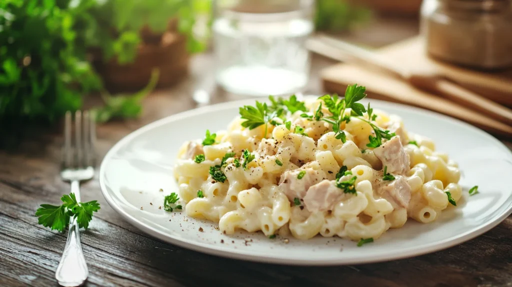 A Plate of Tuna Macaroni Salad Garnished with Fresh Herbs