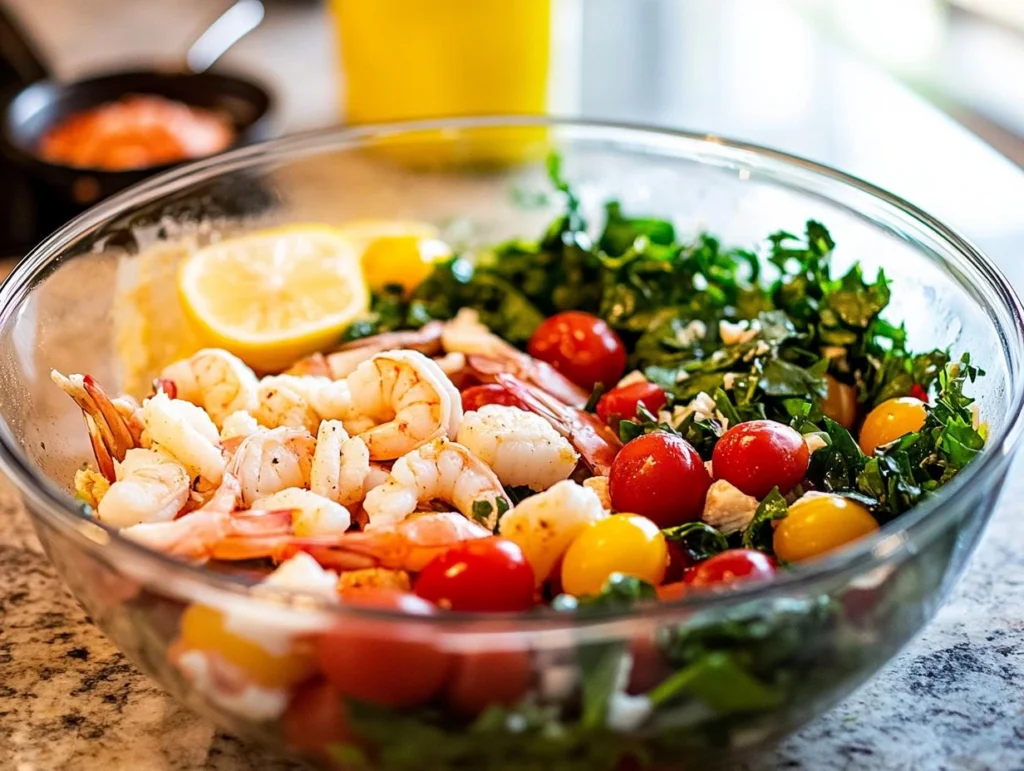 A step-by-step preparation of seafood salad in progress.