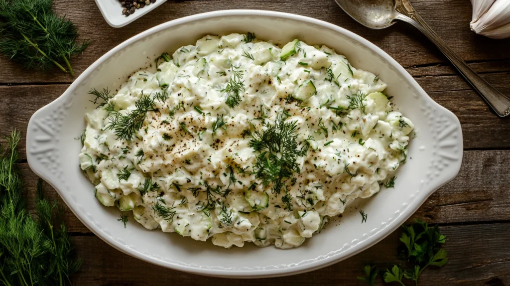 A serving platter of creamy cucumber salad garnished with dill and black pepper.