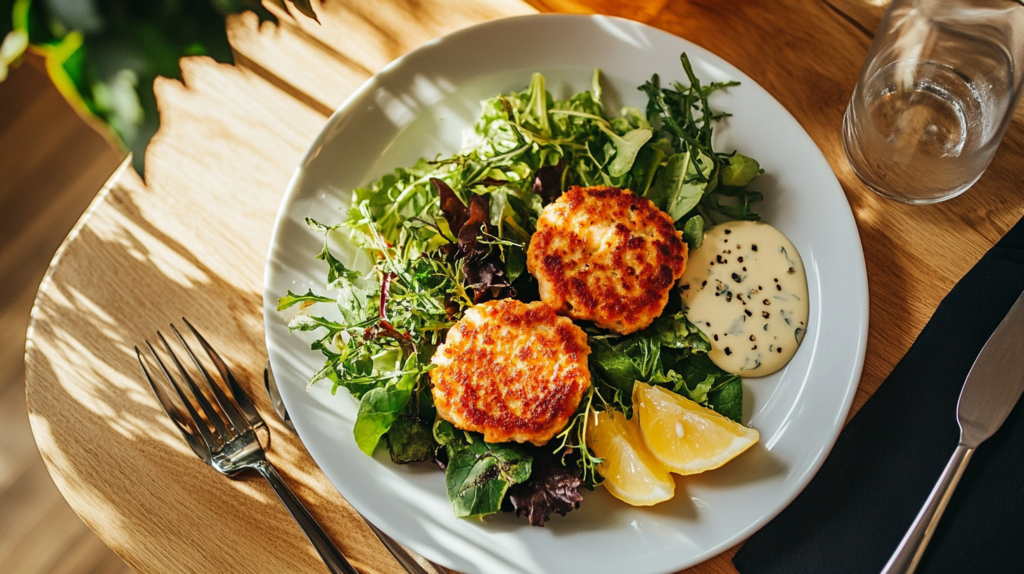 Salmon cakes frying in a pan with golden edges, sizzling in oil, and a spatula ready to flip them