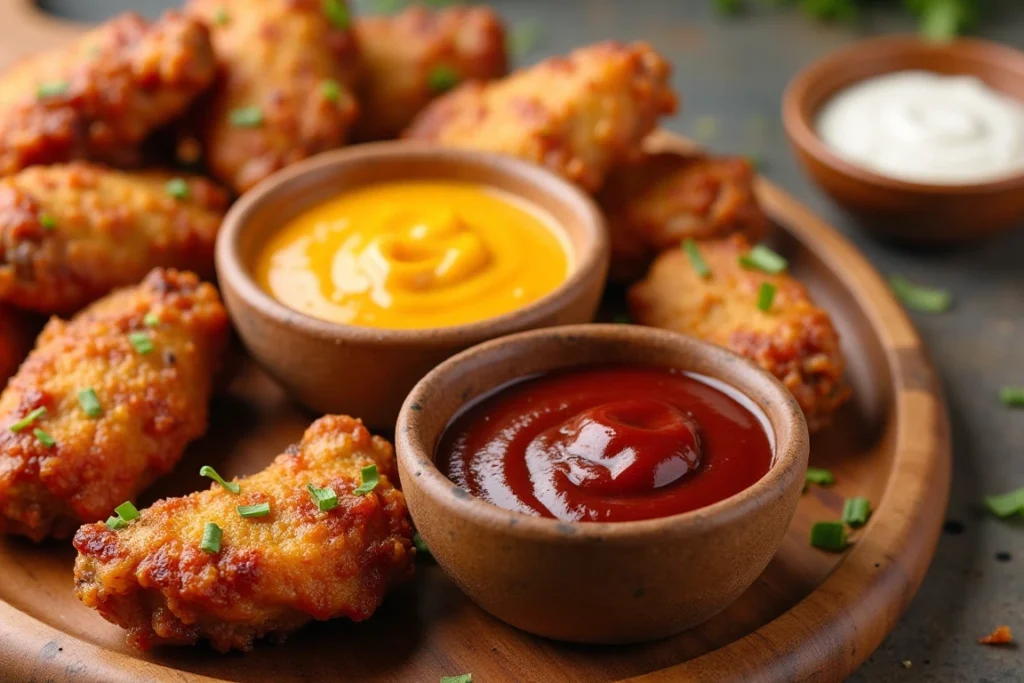 Assorted sauces with crispy baked chicken wings.