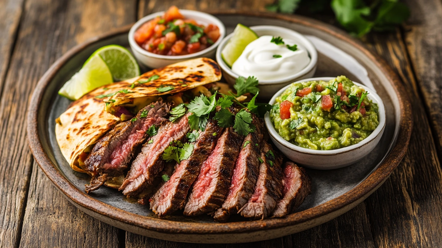 Steak quesadilla slices with dipping sauces.