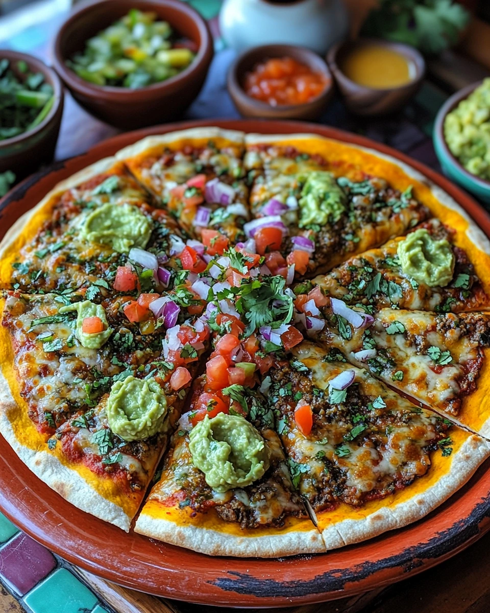 A sliced taco pizza on a decorative platter, garnished with fresh cilantro.