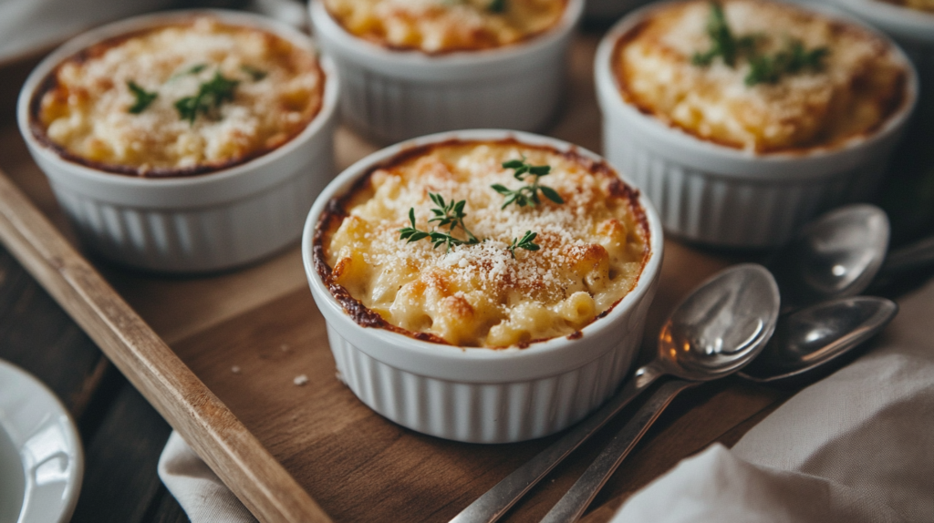 Tini Mac and Cheese portions served in ramekins with elegant garnishes.