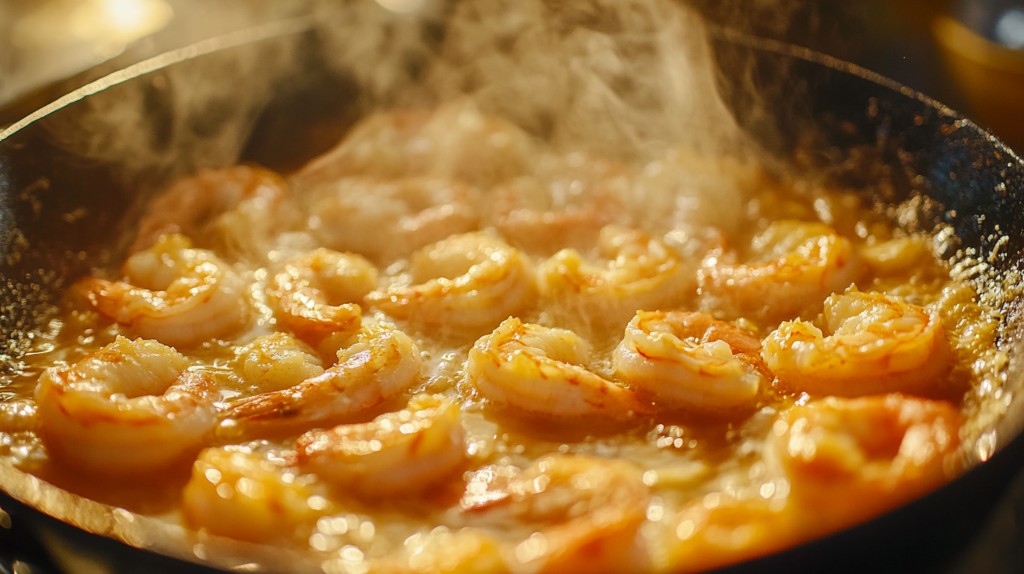 Shrimp cooking in a skillet with butter and sauce bubbling.