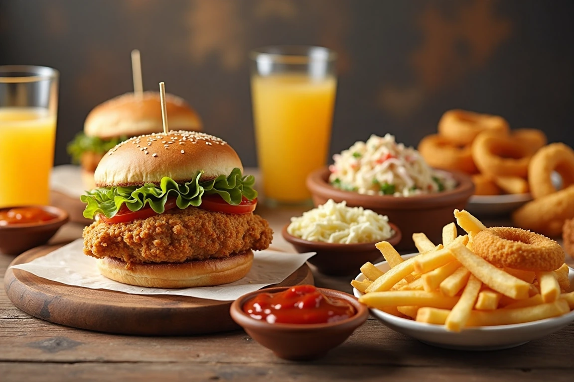 A table set with chicken burgers and side dishes like fries, coleslaw, and onion rings.