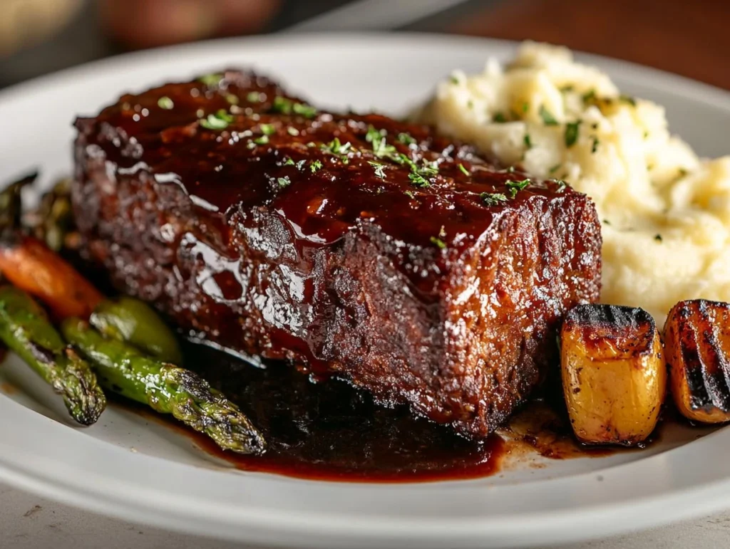 Slices of smoked meatloaf served with mashed potatoes and grilled vegetables.