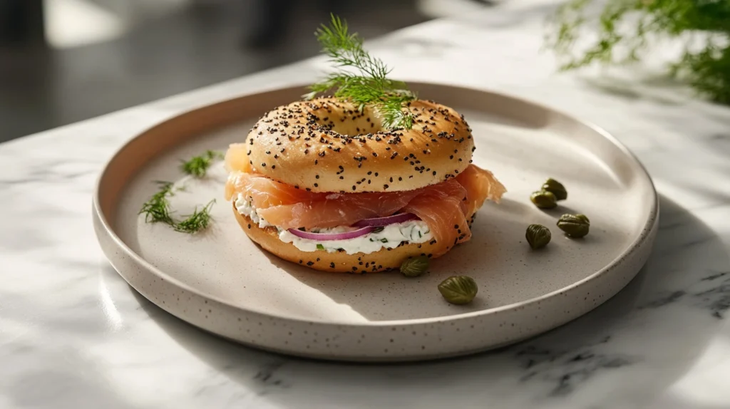 Sourdough bagel sandwich with cream cheese, smoked salmon, and dill.