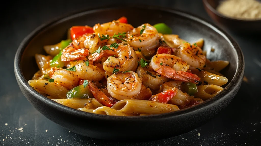 Cajun shrimp pasta with creamy sauce and bell peppers.