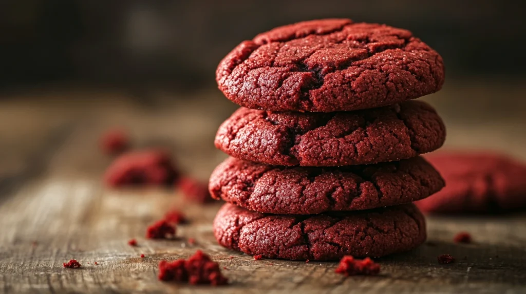 A stack of vibrant red velvet cookies on a wooden table.