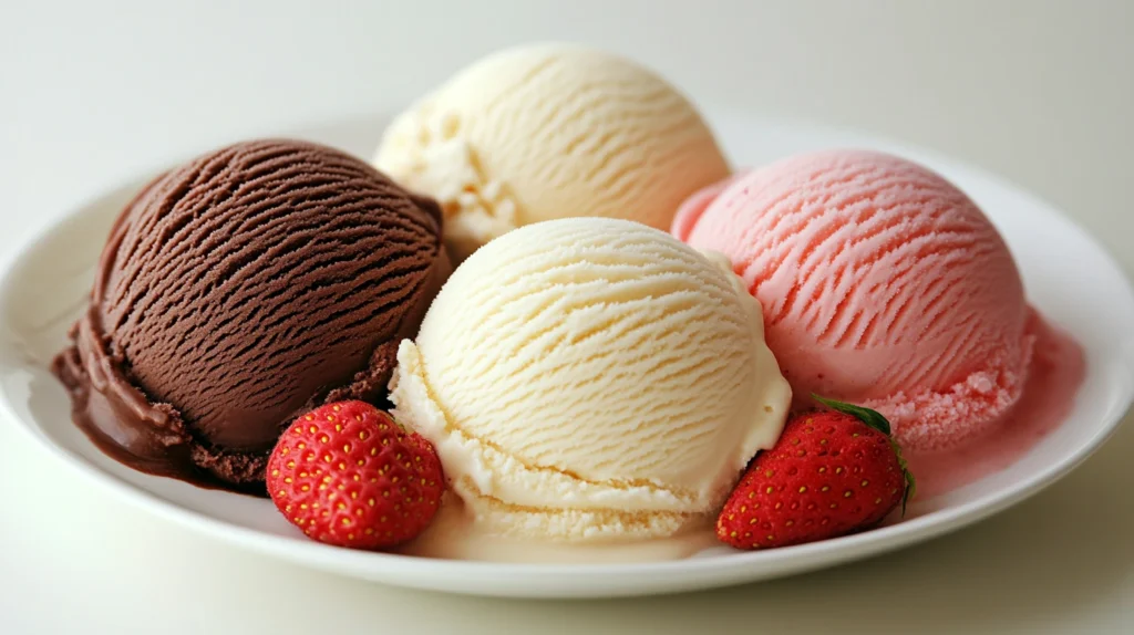 Chocolate, vanilla, and strawberry scoops arranged side by side.