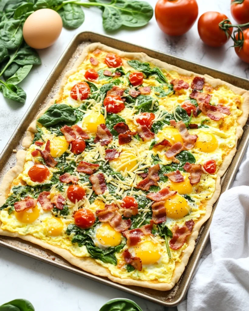 Assembled breakfast pizza before baking, with colorful toppings