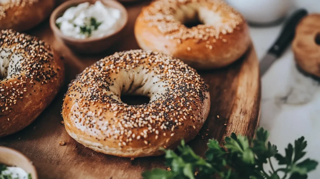 Sourdough bagels with various toppings on a platter.