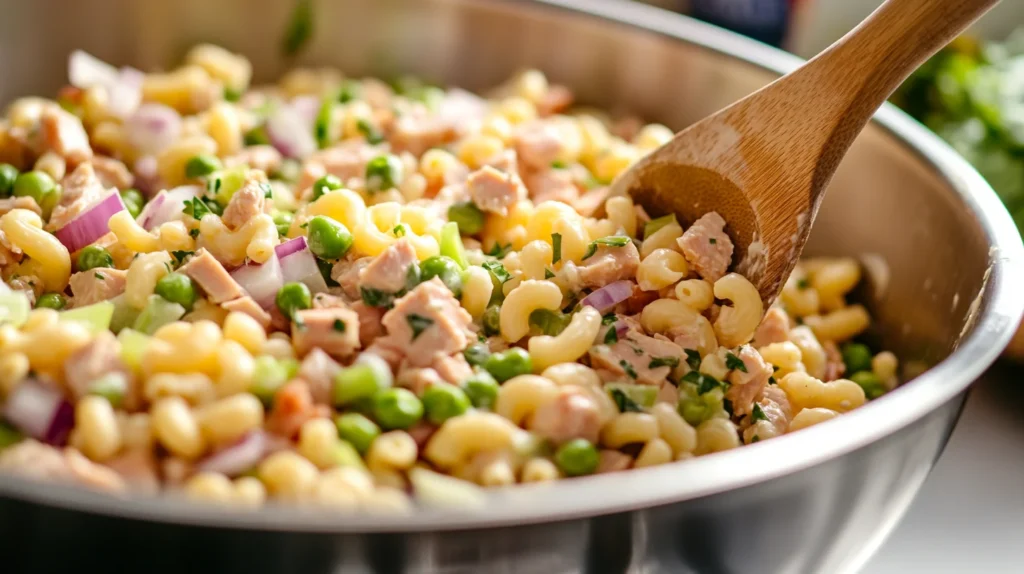 A Large Bowl of Tuna Macaroni Salad Being Mixed