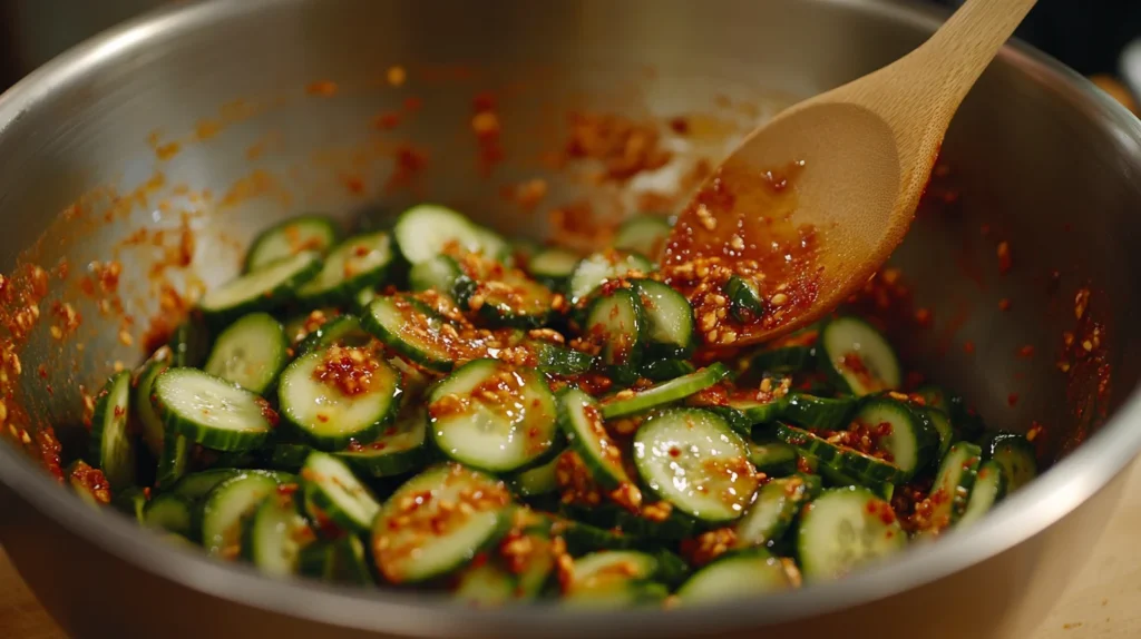 Cucumbers being mixed with spicy dressing in a bowl