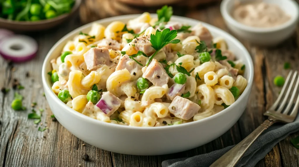 Creamy Tuna Macaroni Salad Served in a Bowl