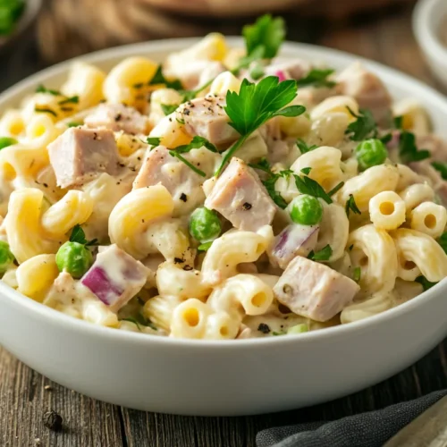 Creamy Tuna Macaroni Salad Served in a Bowl