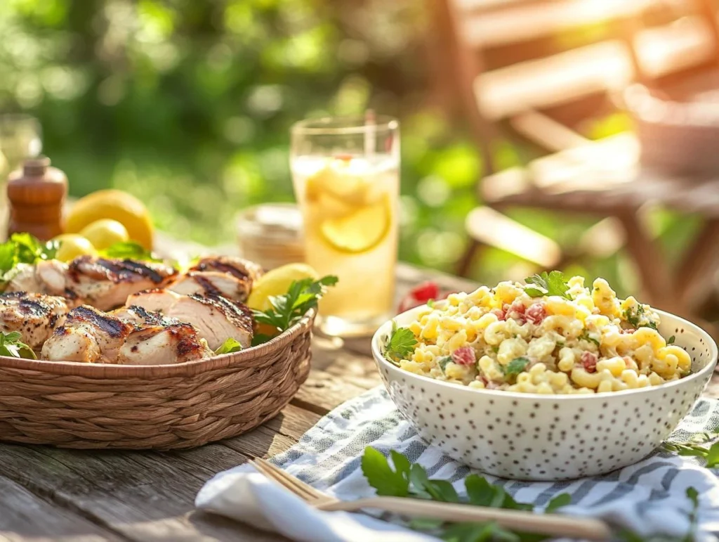 Tuna macaroni salad served on a picnic table with lemonade.