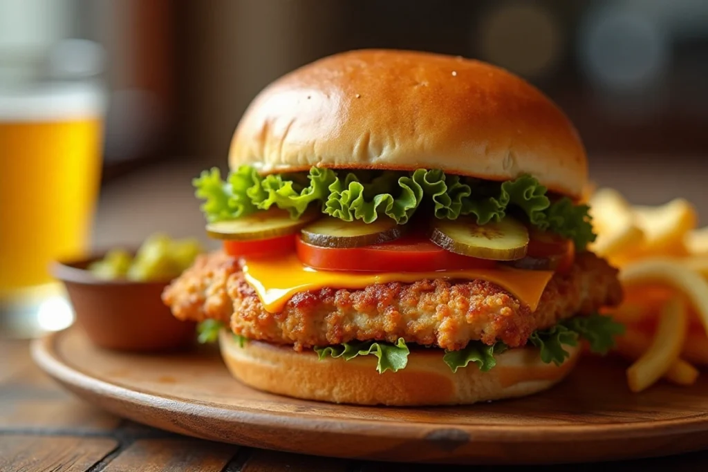 Juicy chicken burger with toppings on a wooden plate.
