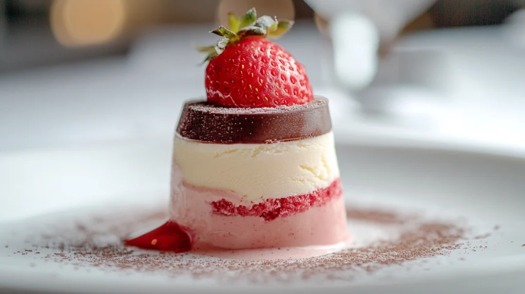 A scoop of Neapolitan ice cream with chocolate, vanilla, and strawberry layers.