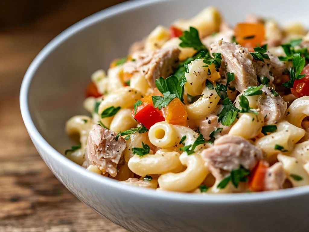 A bowl of tuna macaroni salad garnished with herbs.