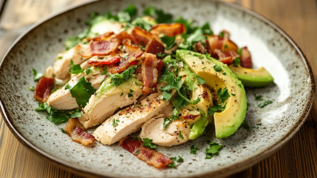 Chicken Caesar Salad with avocado and bacon as a variation.