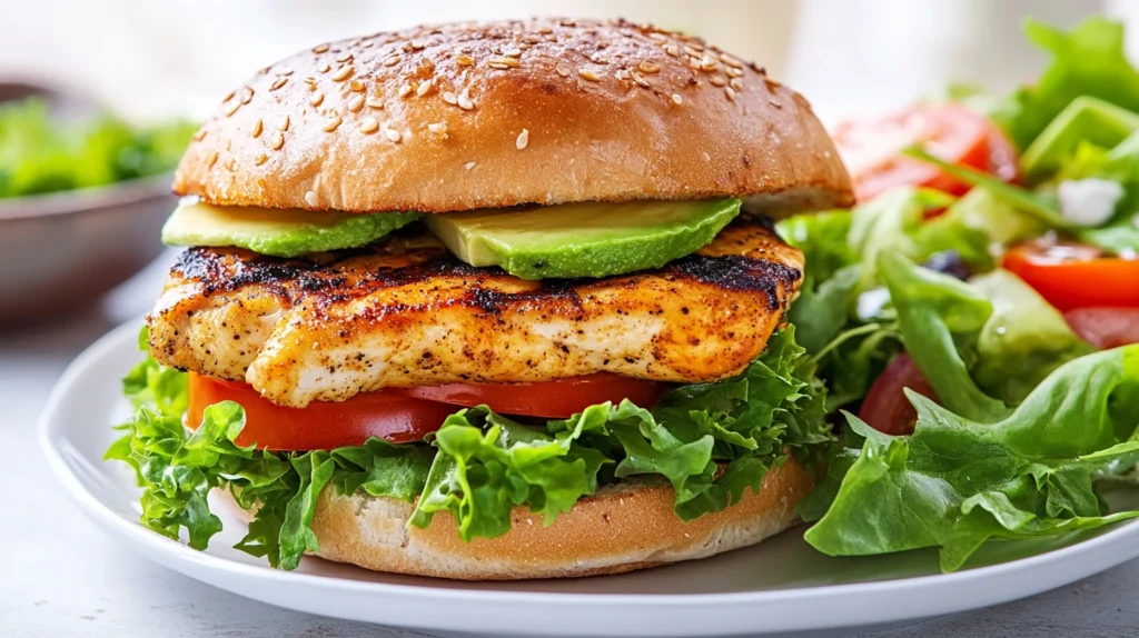 A healthy crispy chicken sandwich with whole-wheat buns and avocado.