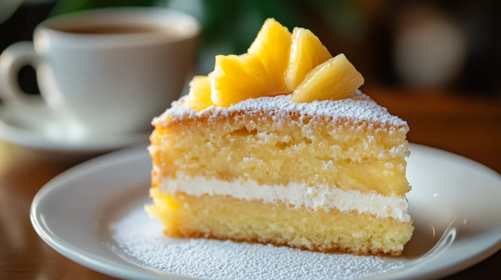 A slice of pineapple cake on a plate