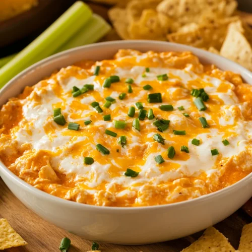 Buffalo Chicken Dip served with chips, crackers, and celery sticks