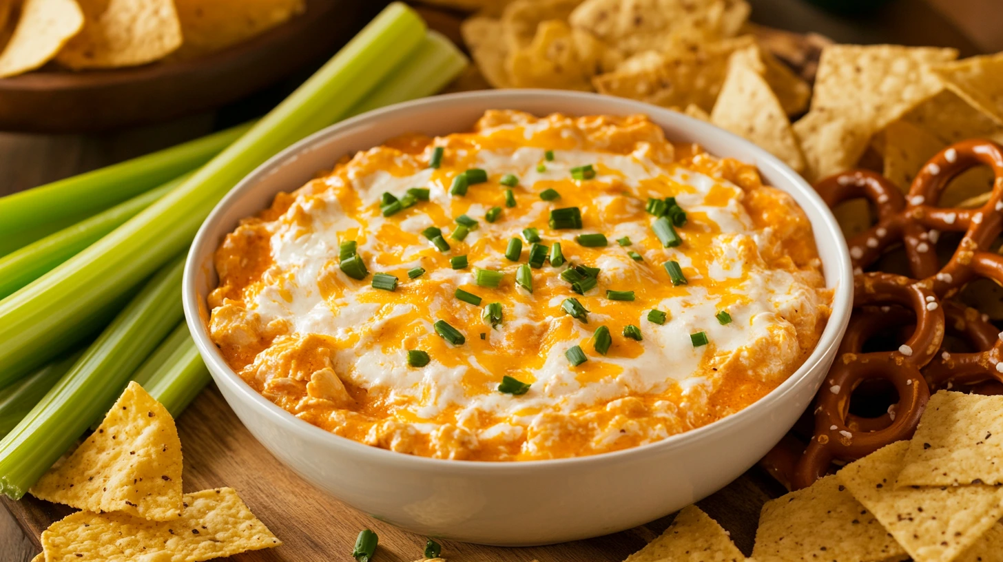 Buffalo Chicken Dip served with chips, crackers, and celery sticks