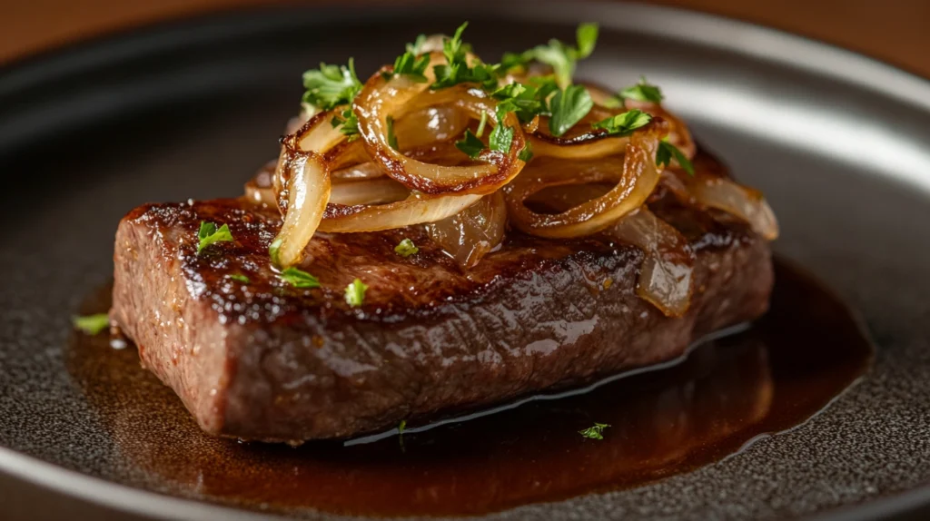 Cooked beef liver served on a plate with onions and fresh herbs