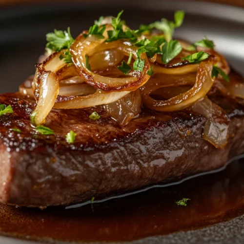 Cooked beef liver served on a plate with onions and fresh herbs