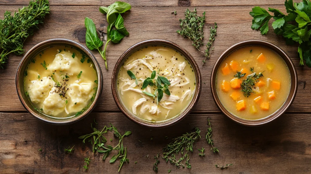 Three different versions of chicken dumpling soup in bowls