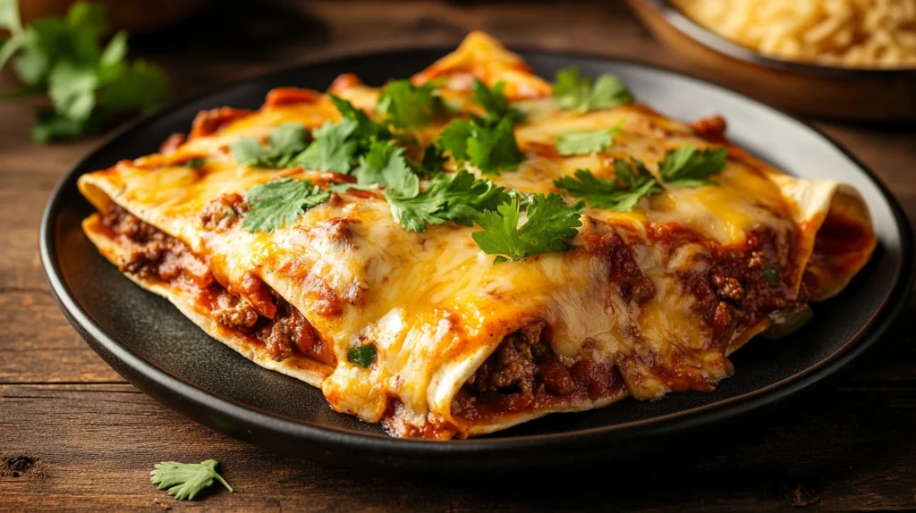 A plate of homemade beef enchiladas with melted cheese and garnished with fresh cilantro.