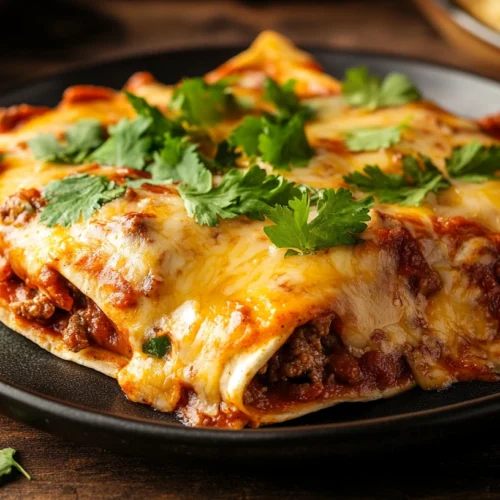 A plate of homemade beef enchiladas with melted cheese and garnished with fresh cilantro.