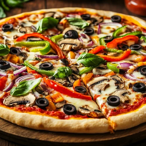 Freshly baked homemade veggie pizza with colorful toppings