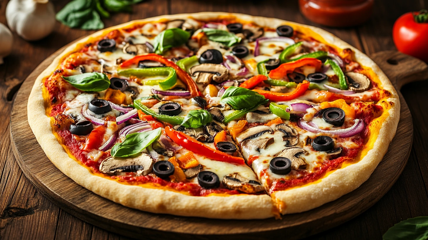 Freshly baked homemade veggie pizza with colorful toppings