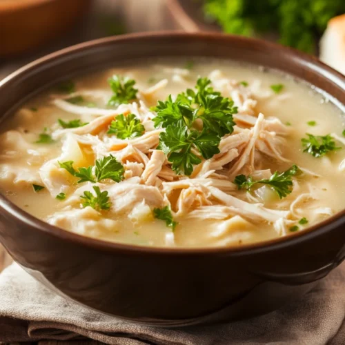 A bowl of homemade chicken dumpling soup with fresh herbs