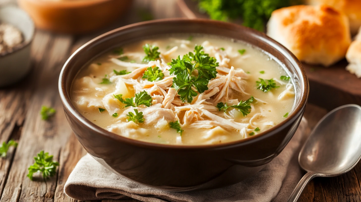 A bowl of homemade chicken dumpling soup with fresh herbs